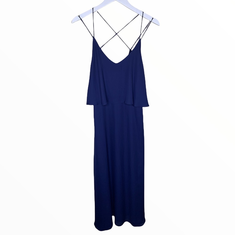 PINK MARTINI Navy Blue Flutter Trim Cross Back Strappy Lined Maxi Dress XS